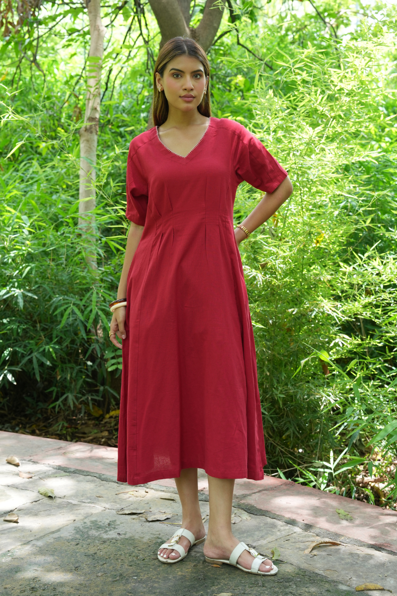 V-Neck Midi Dress in Linen Cotton – Indirookh