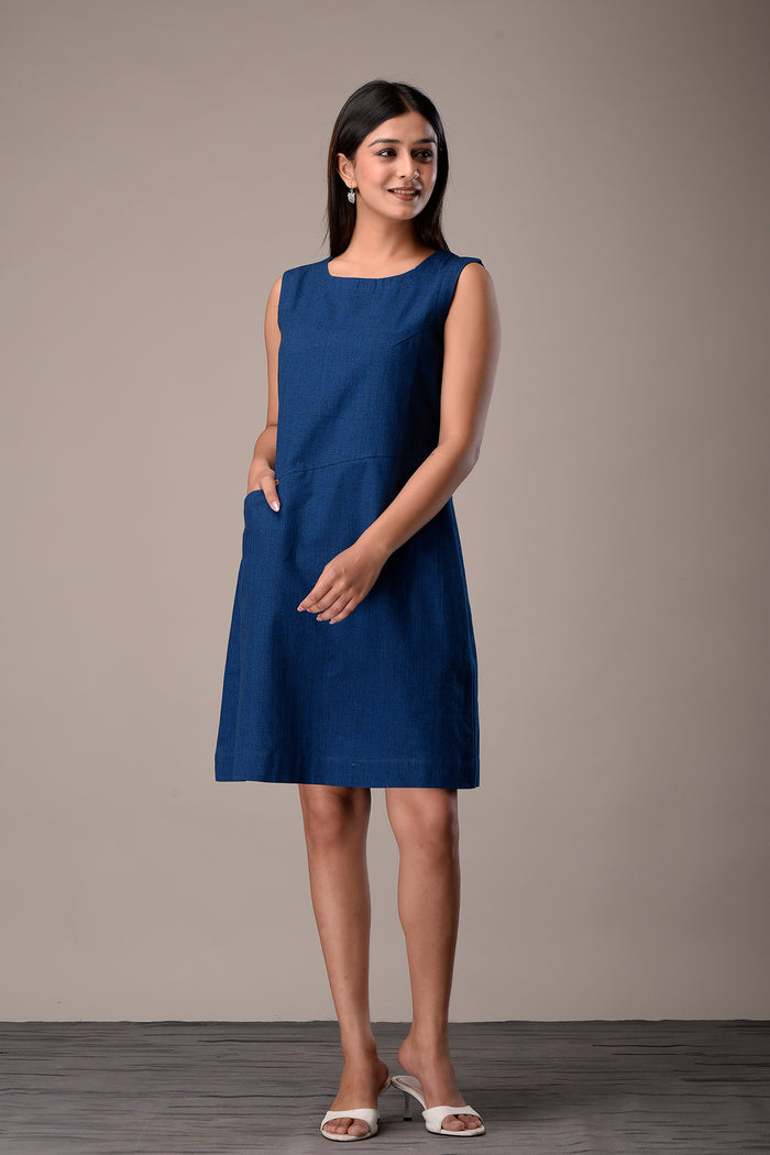 Short Shift Dress in Blue Handloom Cotton