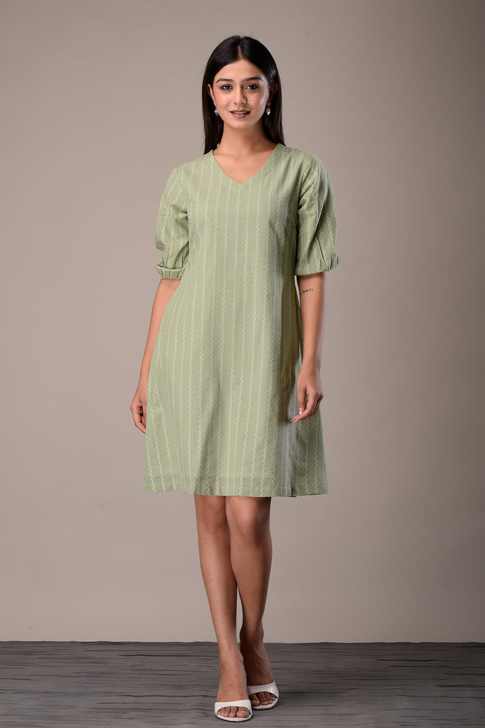 Handloom Cotton Dress in Light Green