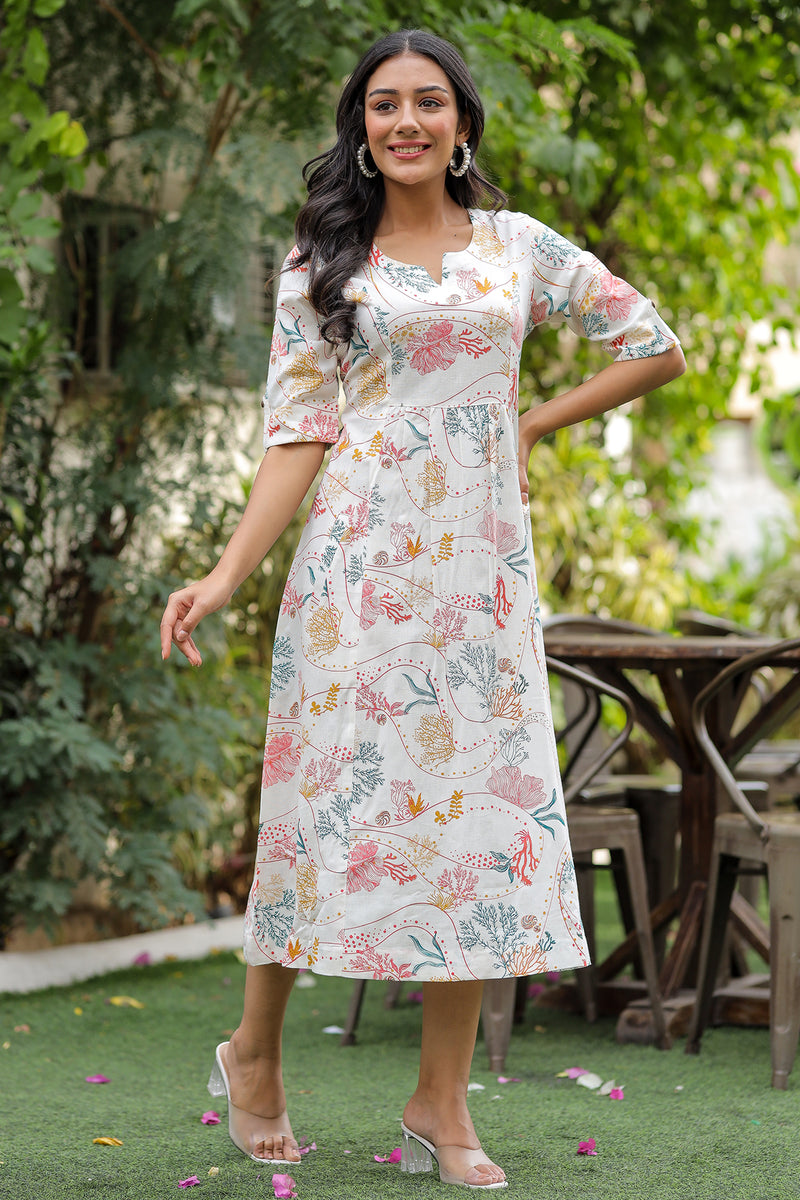 White Long Dress in Printed Linen Cotton