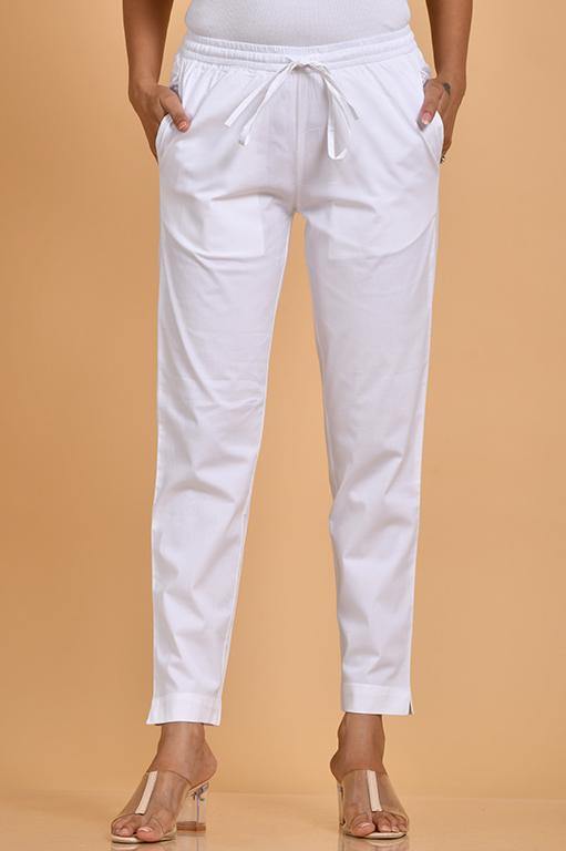 Stretchable Cotton Pants White - Indirookh