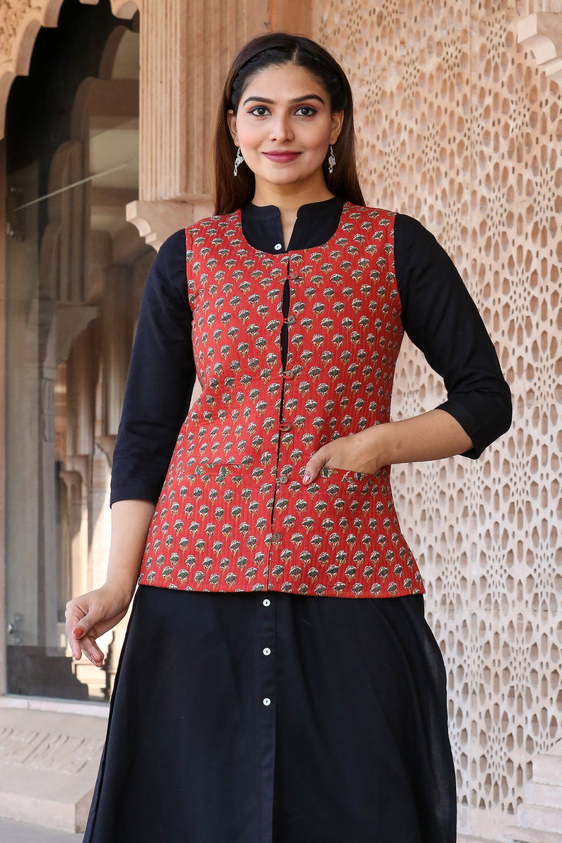 Cotton Quilted Jacket In Red Print