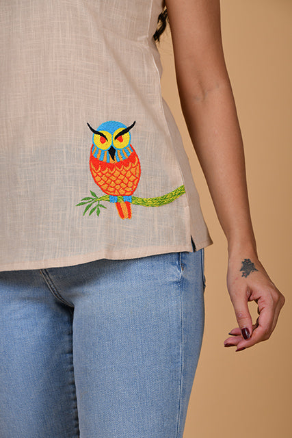 Cotton Slub Top with Owl Embroidery Beige