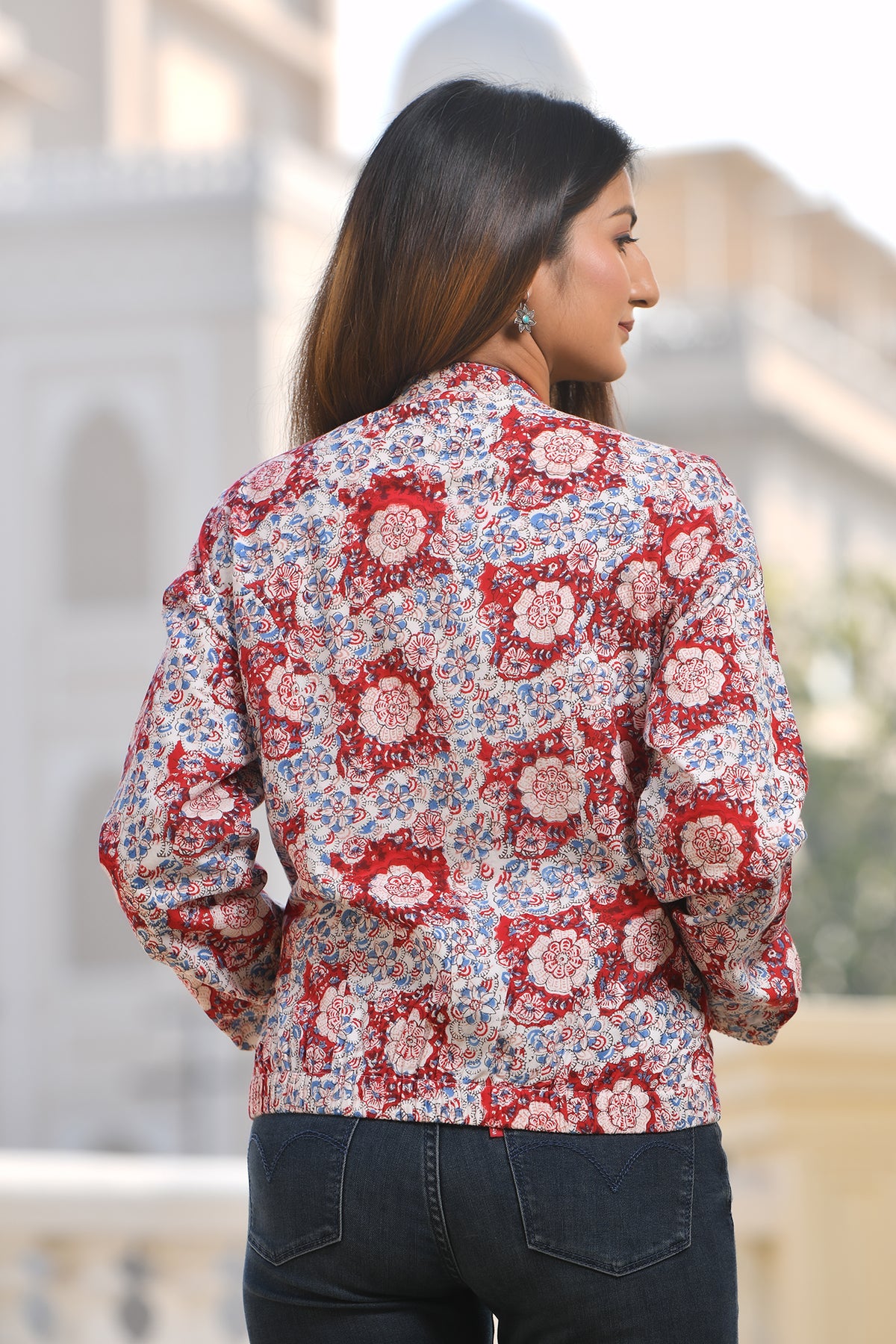 Printed Zippered Jacket with Sleeve Red