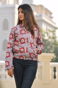 Printed Zippered Jacket with Sleeve Red
