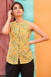 Chinese collar Top in Soft Cotton Voile Yellow