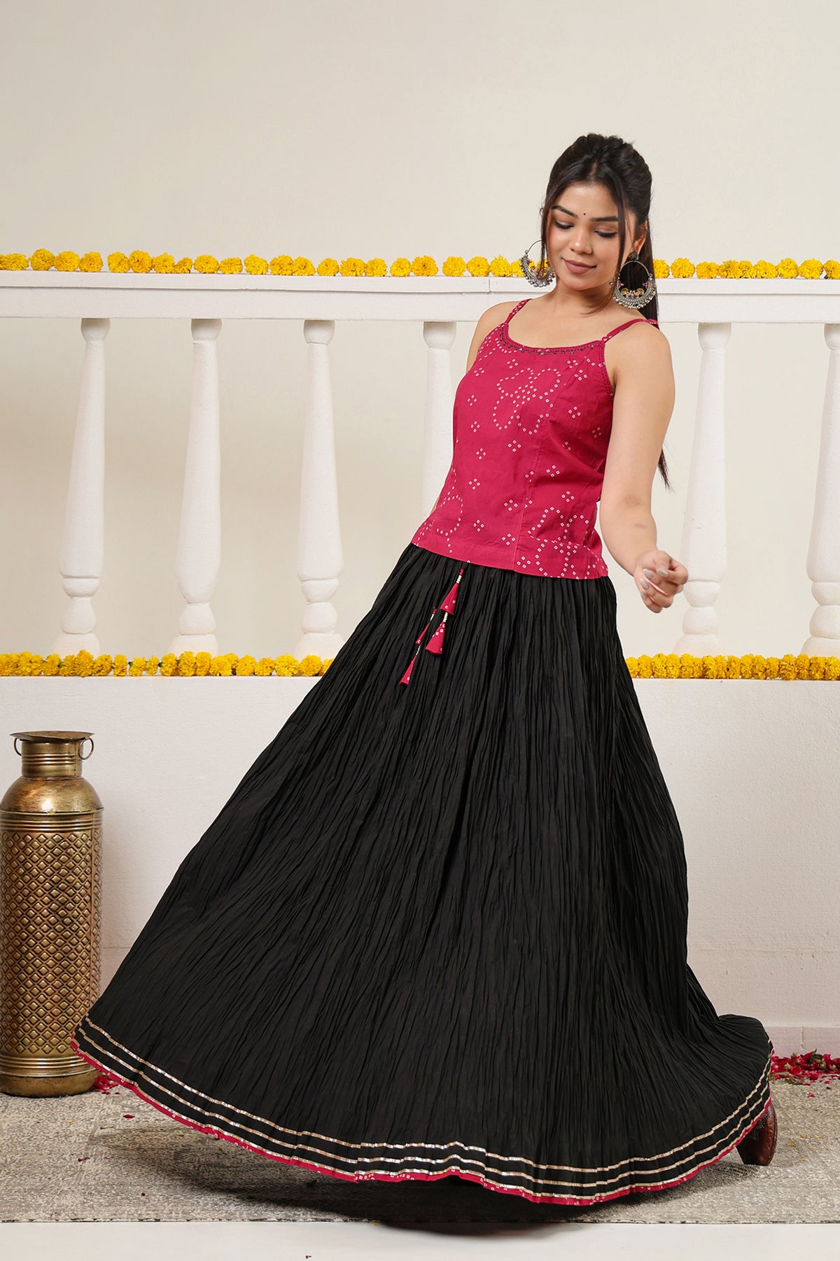 Maroon Crushed Cotton Long Maxi Skirt