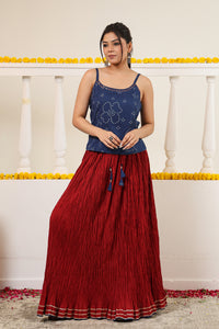 Maroon Crushed Cotton Long Maxi Skirt