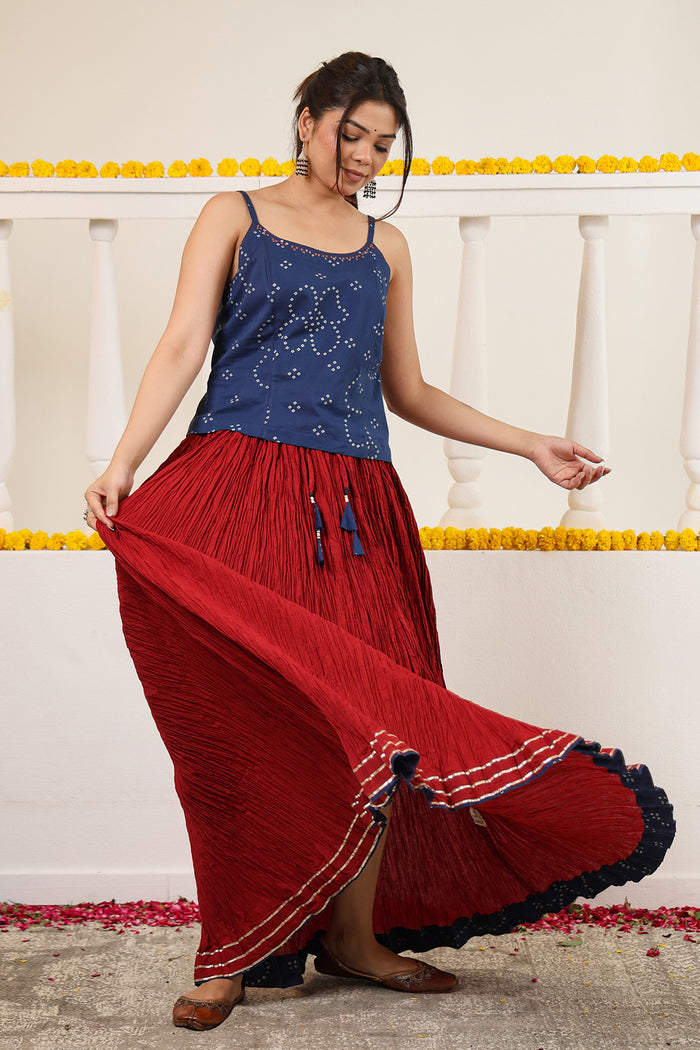 Maroon Crushed Cotton Long Maxi Skirt