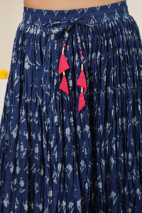 Indigo Printed Crushed Cotton Long Maxi Skirt