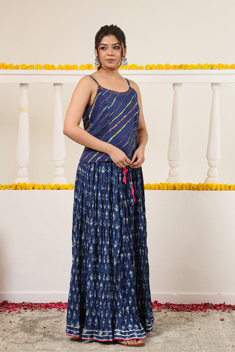 Indigo Printed Crushed Cotton Long Maxi Skirt