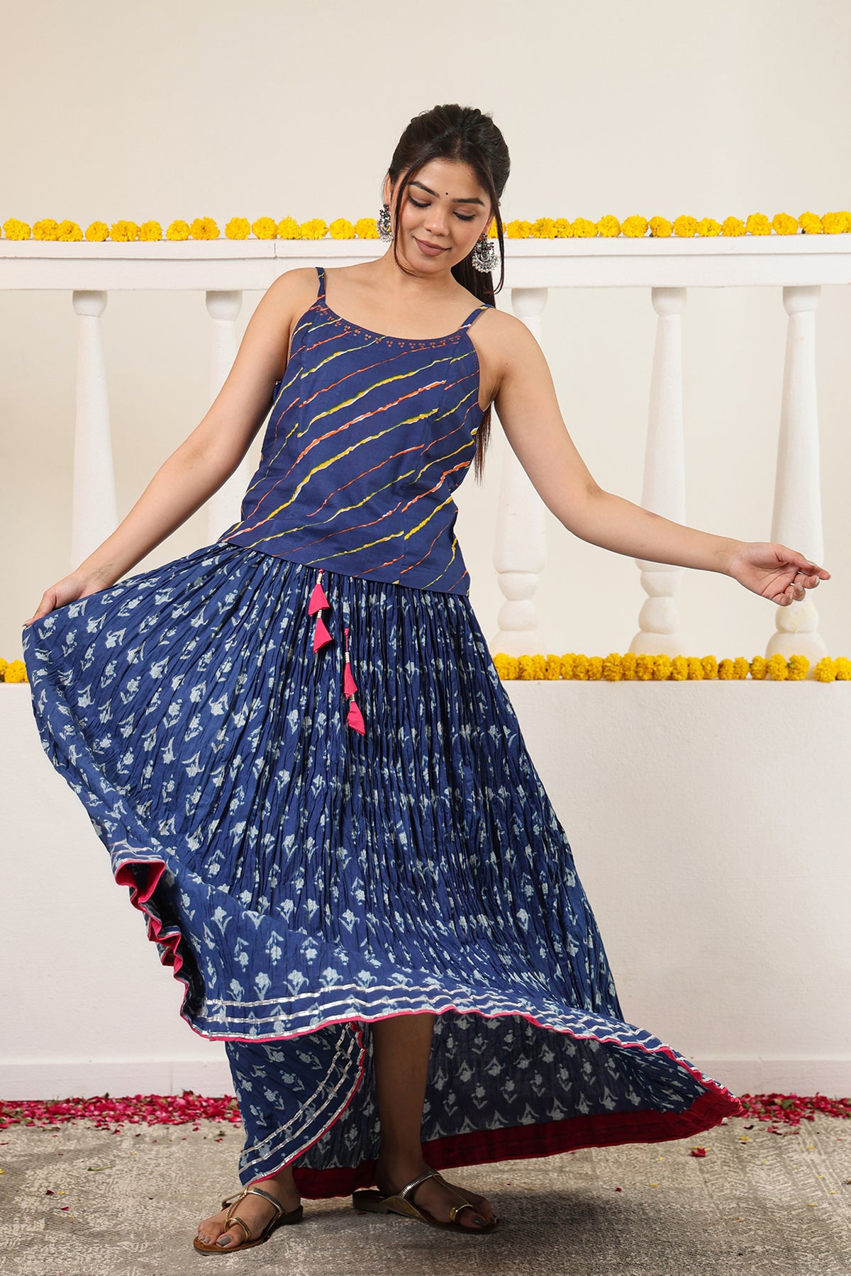 Indigo Printed Crushed Cotton Long Maxi Skirt