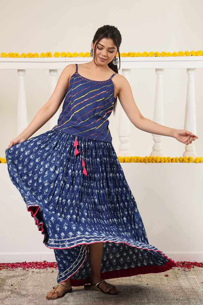 Indigo Printed Crushed Cotton Long Maxi Skirt