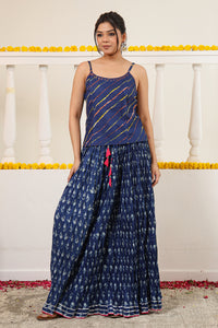 Indigo Printed Crushed Cotton Long Maxi Skirt