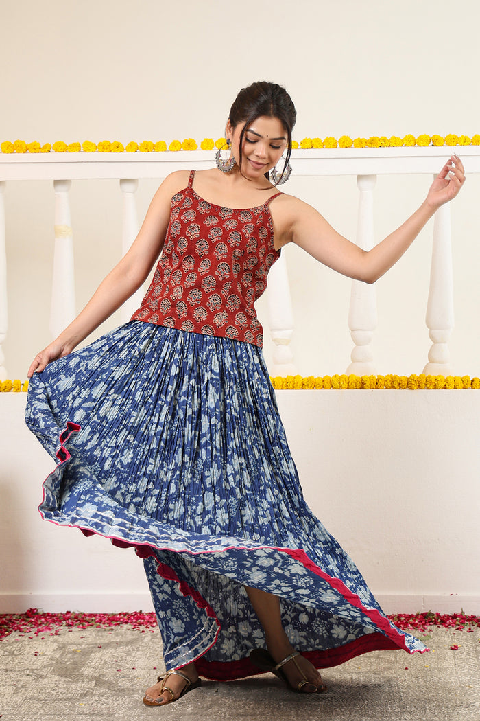 Indigo Printed Crushed Cotton Long Maxi Skirt