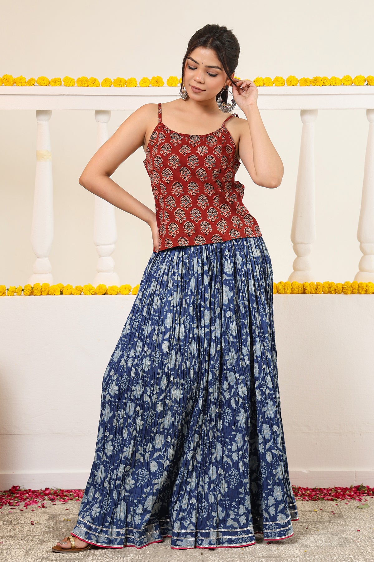 Indigo Printed Crushed Cotton Long Maxi Skirt