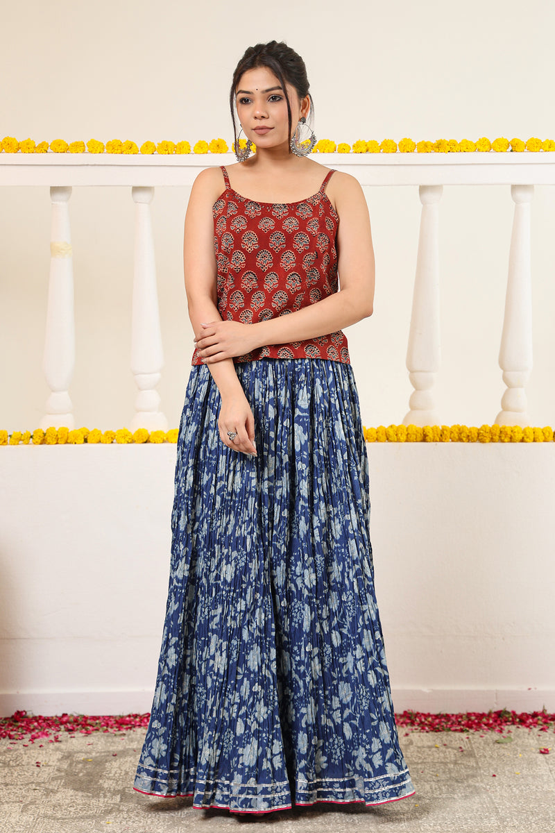Indigo Printed Crushed Cotton Long Maxi Skirt