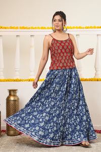 Indigo Printed Crushed Cotton Long Maxi Skirt