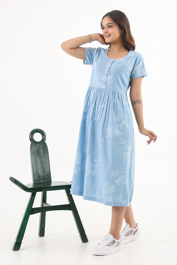 Printed Pintuck Cotton Dress