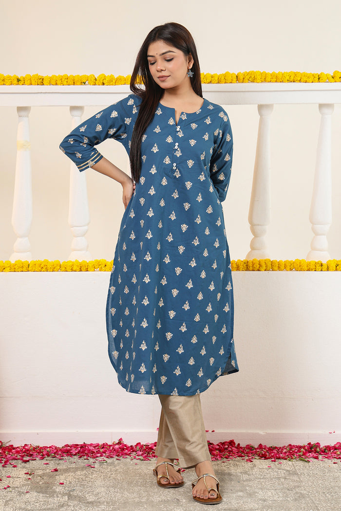 Cotton Gold print Kurta with Gota detail