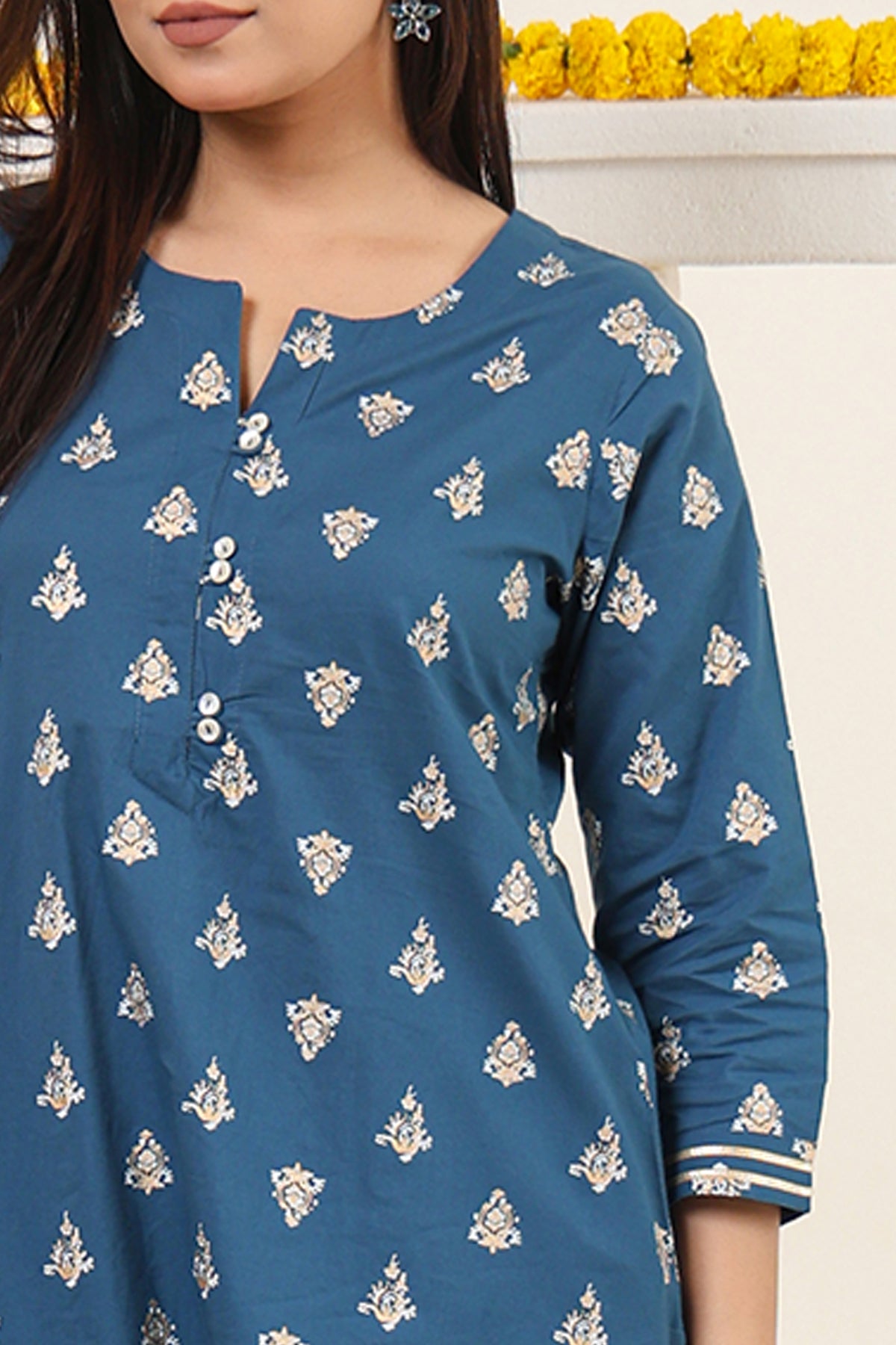 Cotton Gold print Kurta with Gota detail