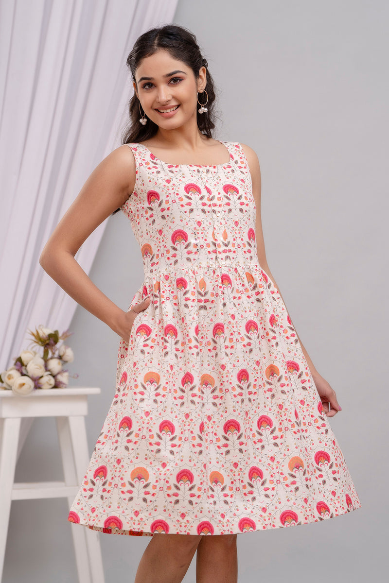 Floral Printed Sleeveless Dress in Cotton Flex Pink