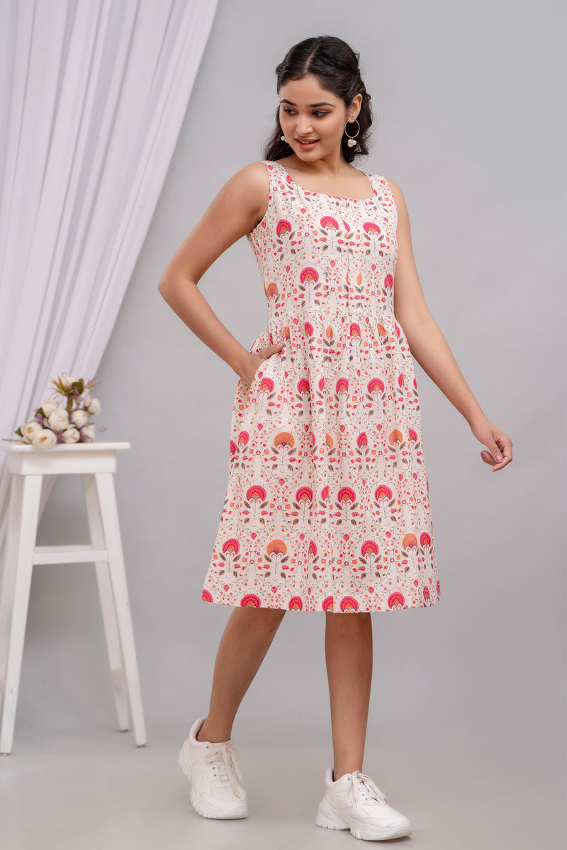 Floral Printed Sleeveless Dress in Cotton Flex Pink