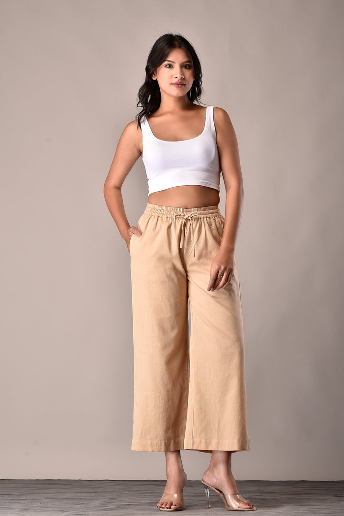 Linen-Cotton Culottes Elasticated Pants Beige