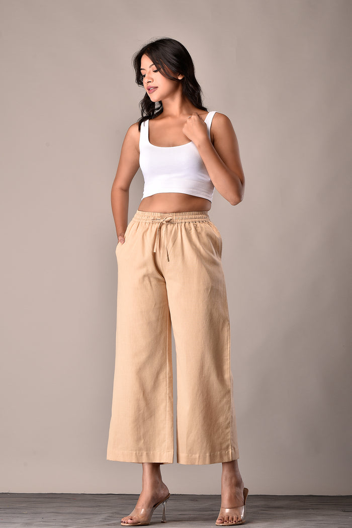 Linen-Cotton Culottes Elasticated Pants Beige