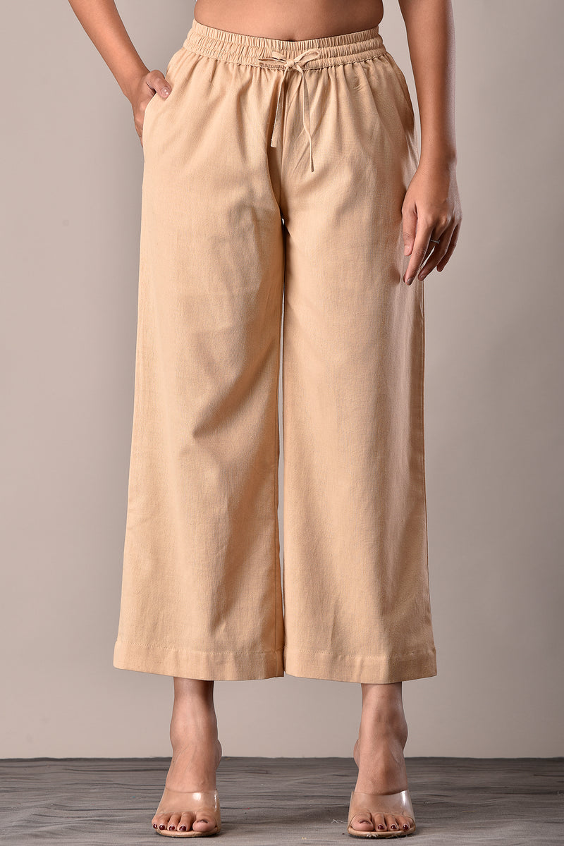 Linen-Cotton Culottes Elasticated Pants Beige