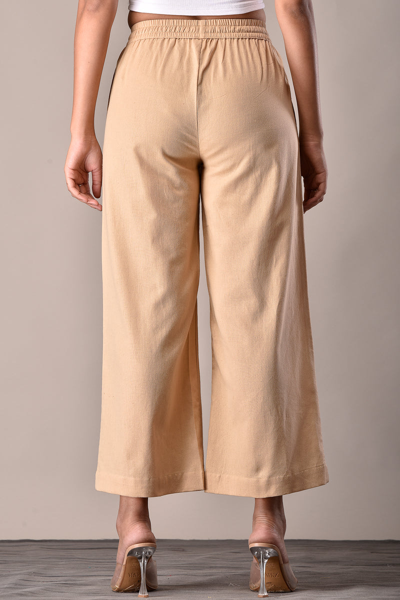 Linen-Cotton Culottes Elasticated Pants Beige