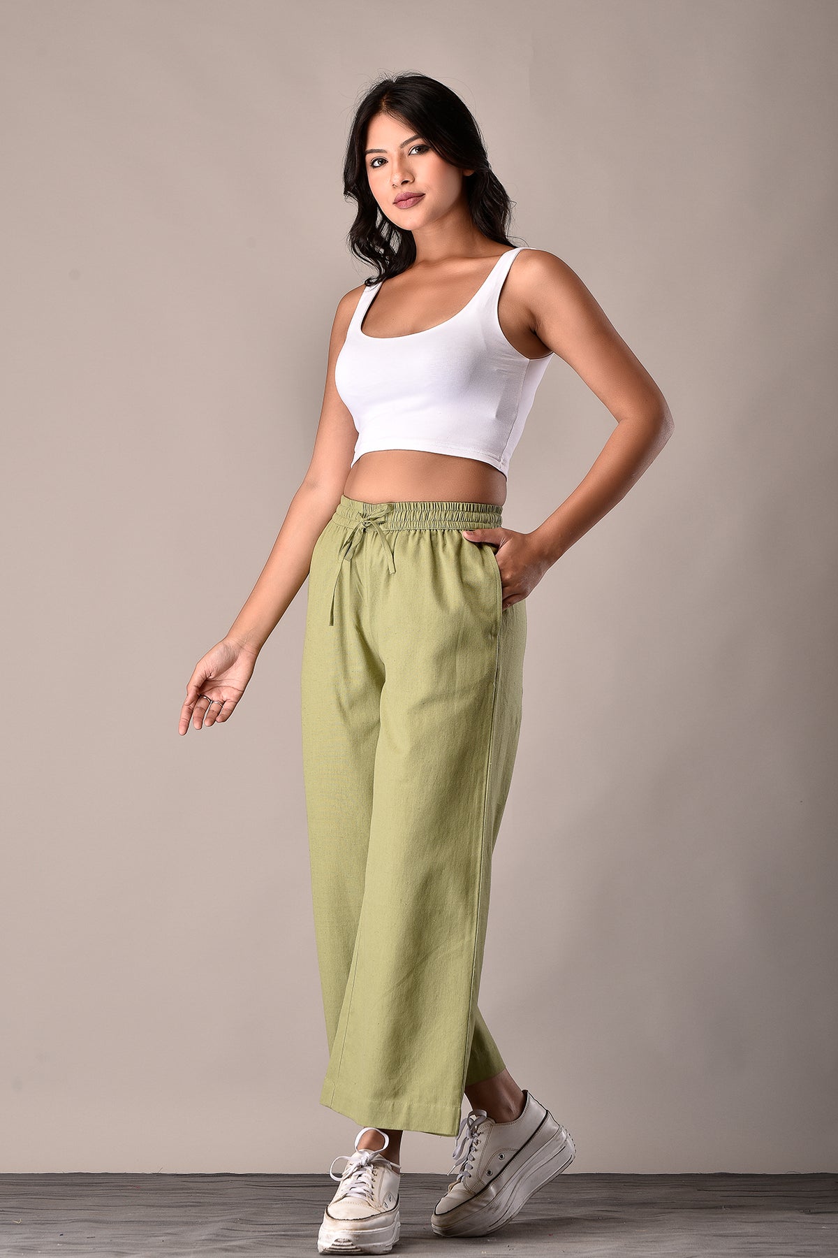 Linen-Cotton Culottes Olive Green