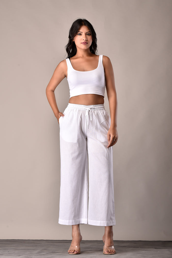 Linen-Cotton Culottes Elaticated pants White