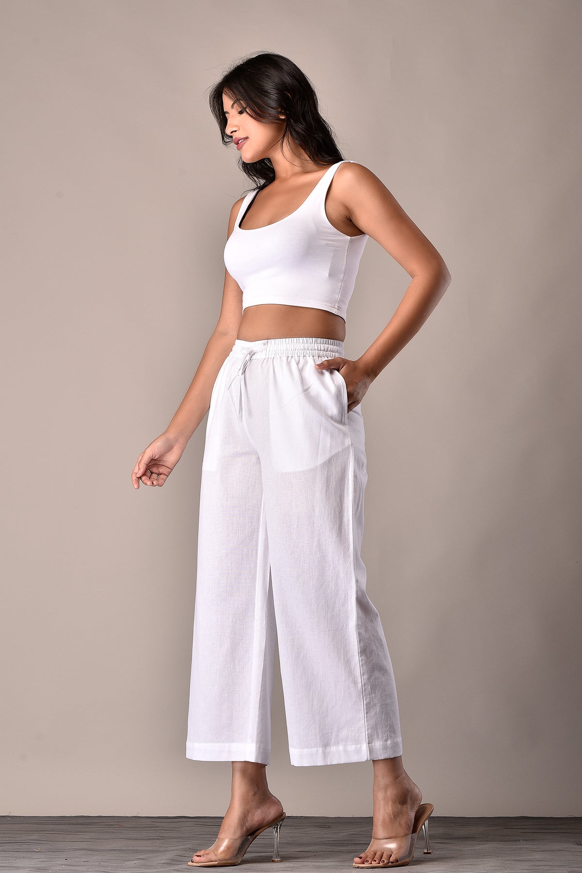 Linen-Cotton Culottes Elaticated pants White