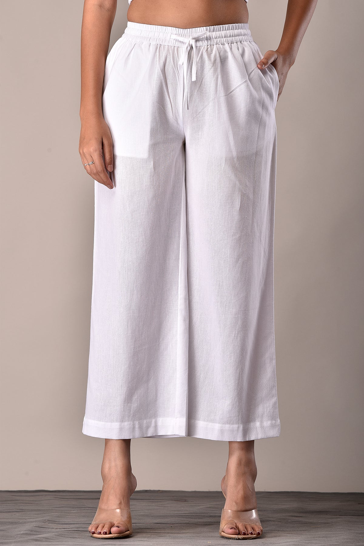 Linen-Cotton Culottes Elaticated pants White