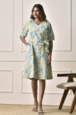 A-Line floral print Dress in Cotton Linen