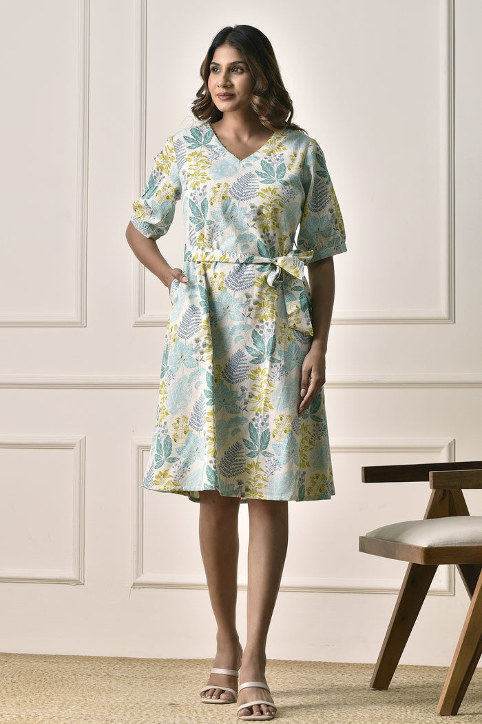 A-Line floral print Dress in Cotton Linen