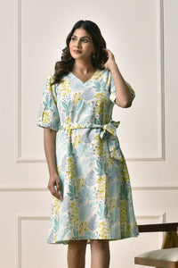 A-Line floral print Dress in Cotton Linen