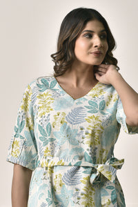 A-Line floral print Dress in Cotton Linen