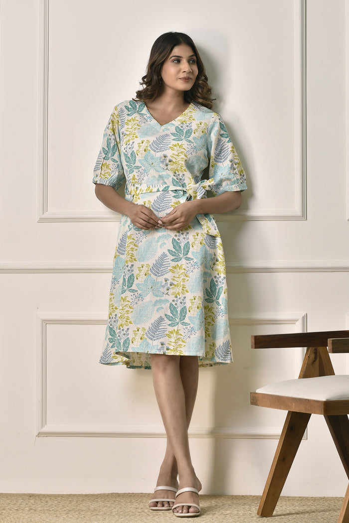 A-Line floral print Dress in Cotton Linen