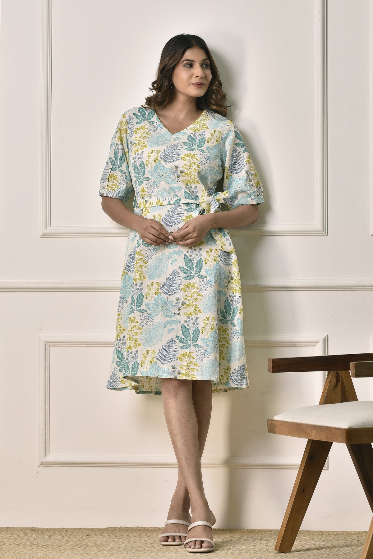 A-Line floral print Dress in Cotton Linen