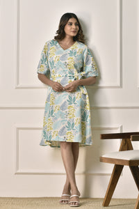 A-Line floral print Dress in Cotton Linen