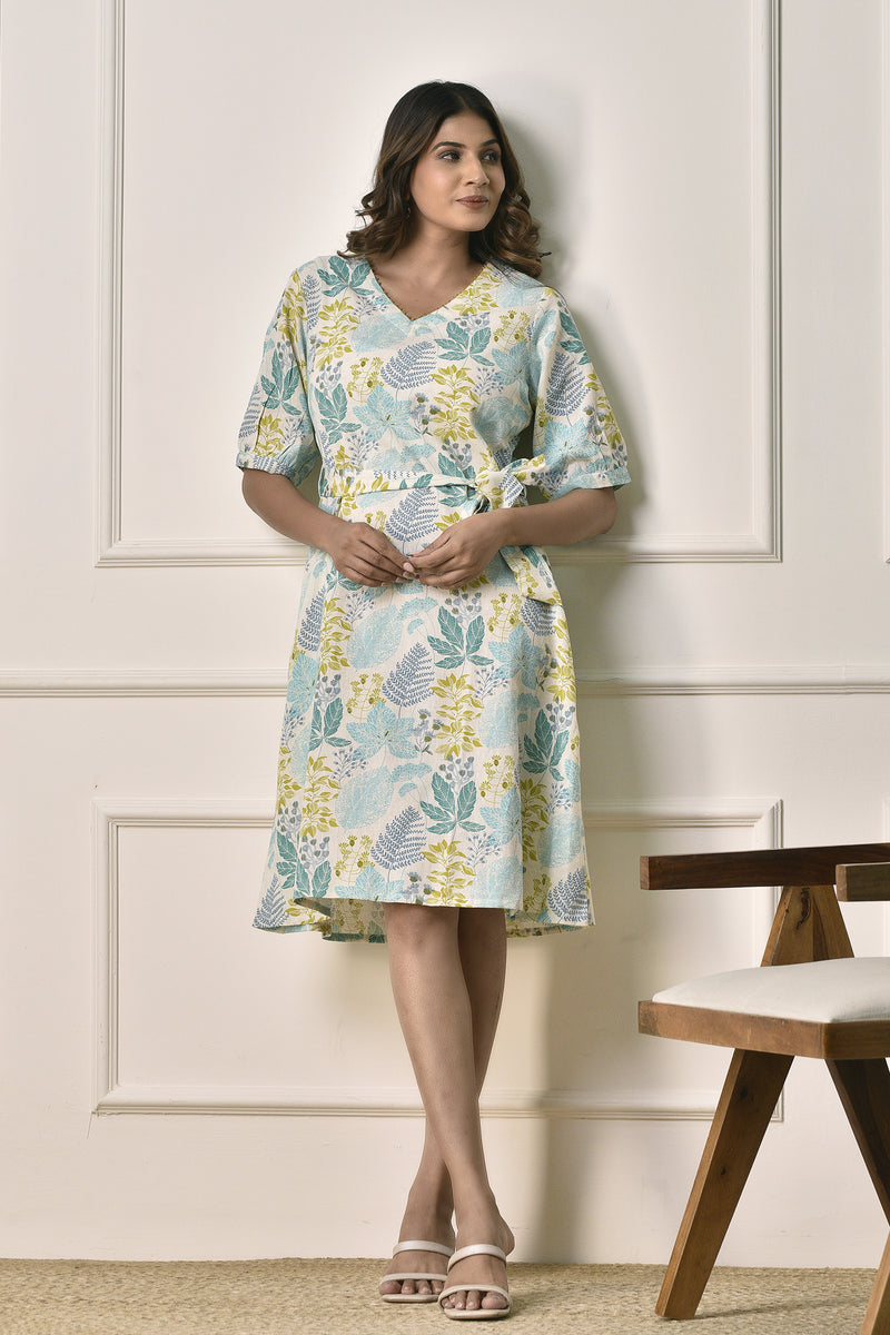 A-Line floral print Dress in Cotton Linen