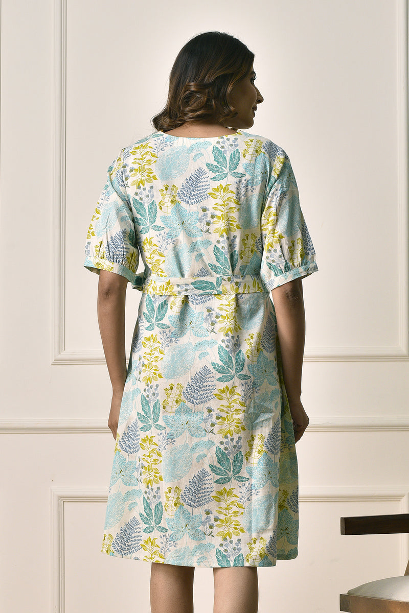 A-Line floral print Dress in Cotton Linen