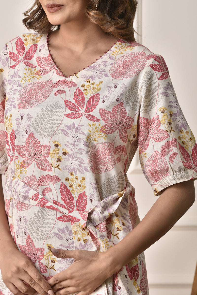 A-Line floral print Dress in Cotton Linen