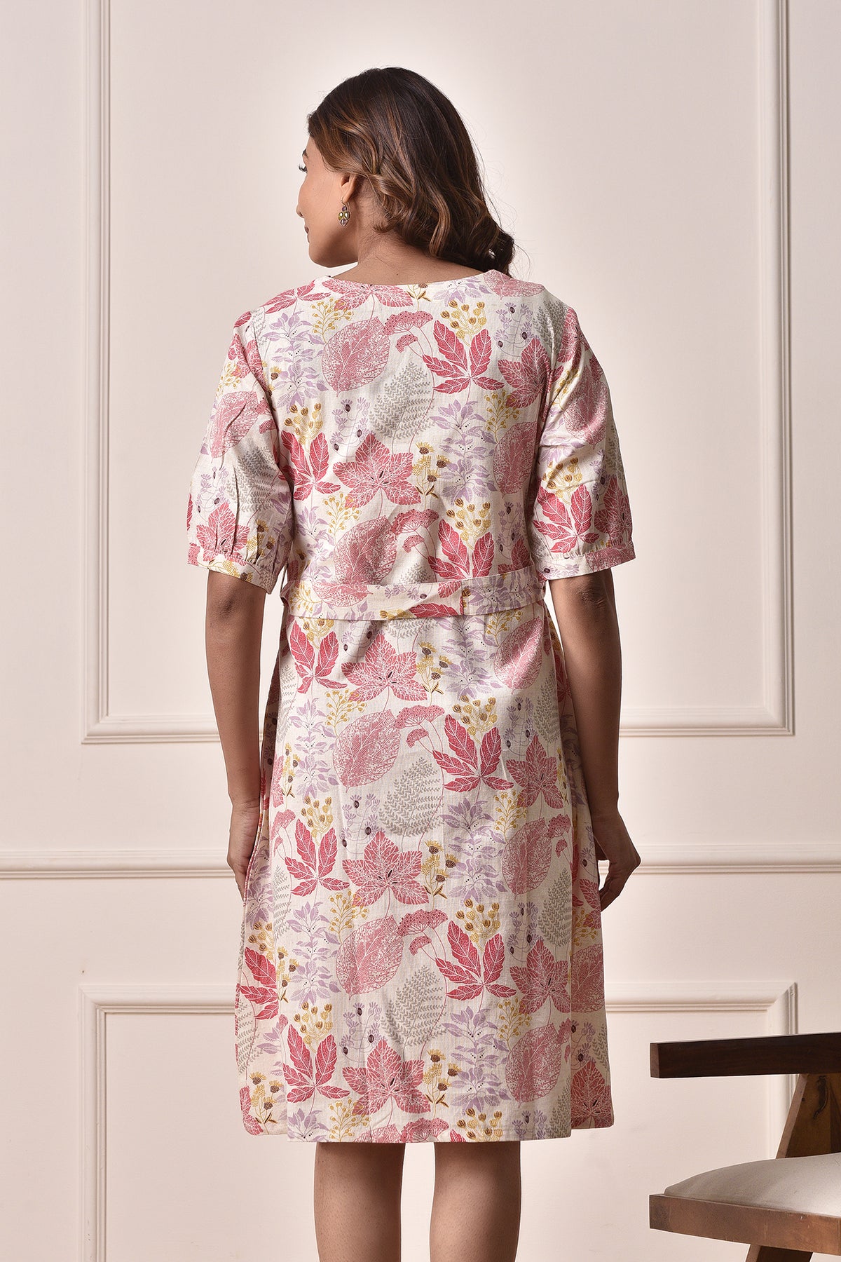 A-Line floral print Dress in Cotton Linen