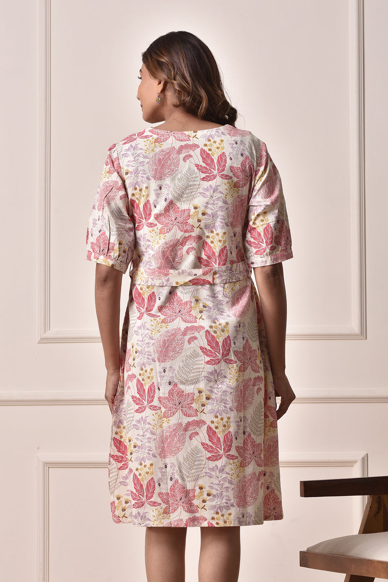 A-Line floral print Dress in Cotton Linen