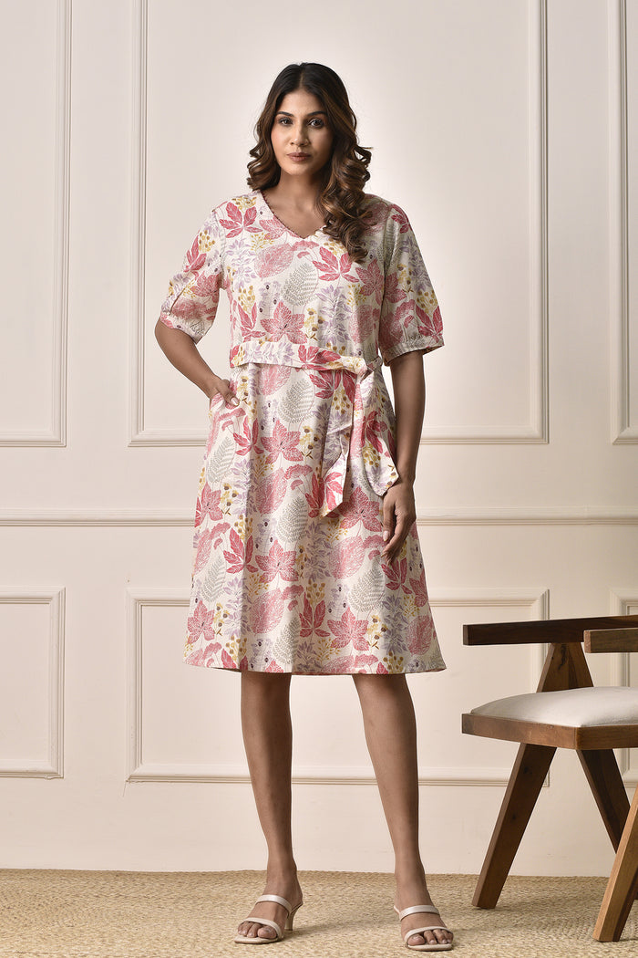 A-Line floral print Dress in Cotton Linen