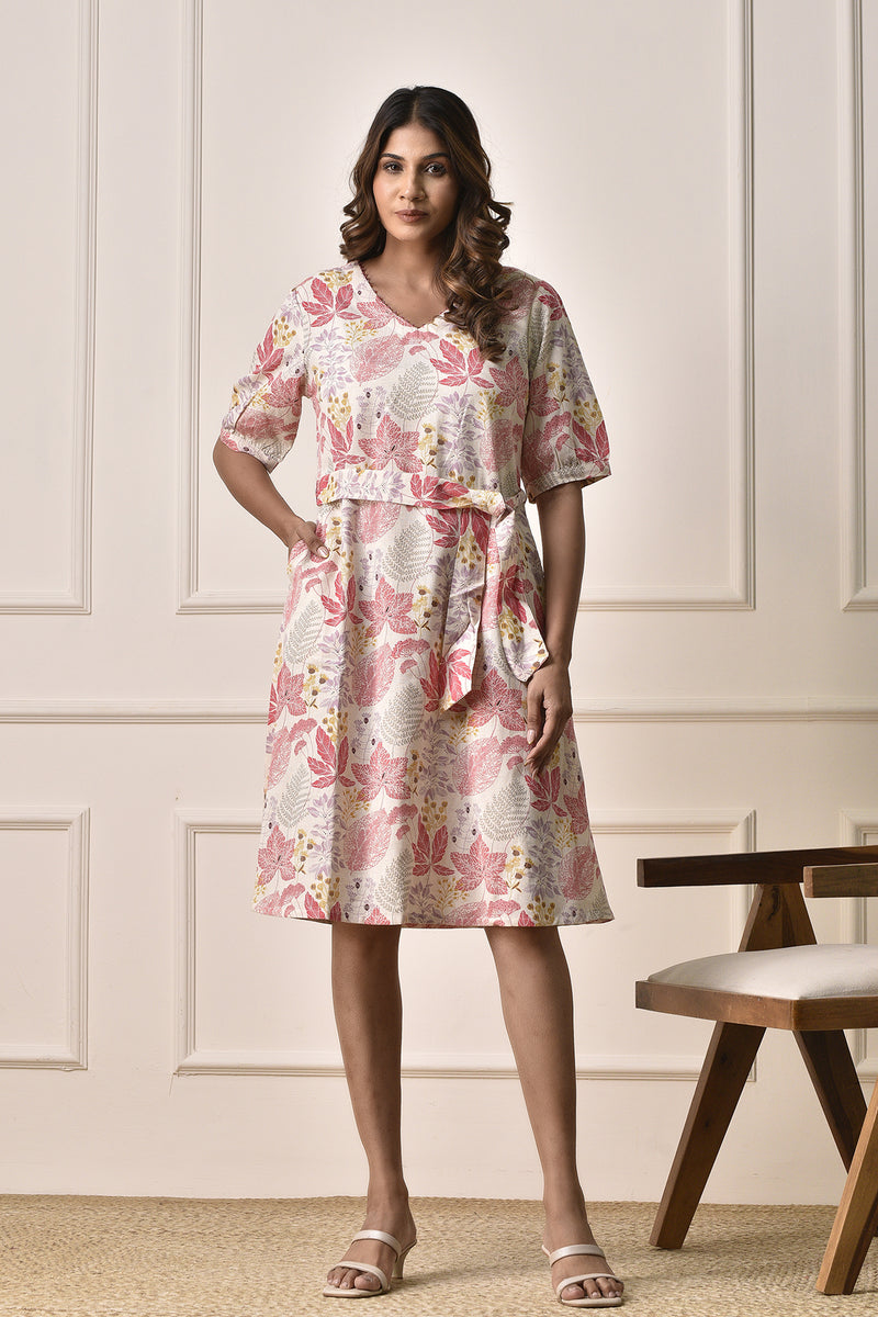 A-Line floral print Dress in Cotton Linen