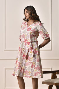 A-Line floral print Dress in Cotton Linen